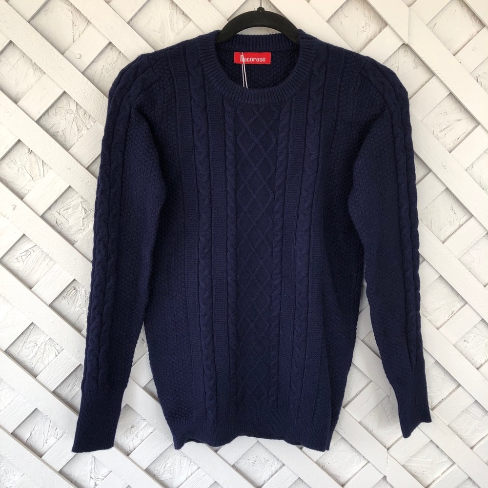 Rocorose Crew Neck Cable Knit Sweater Preppy Navy size S